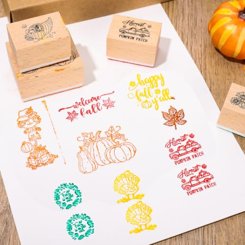 JarThenaAMCS 16Pcs Fall Wooden Rubber Stamps Set 11 Pcs Autumn DIY Craft Cards Stamps Pads with 5 Mixed Ink Pads for Fall Thanksgiving Party Gift Decor Classroom Scrapbooking Cards Making Supplies - style: Fall