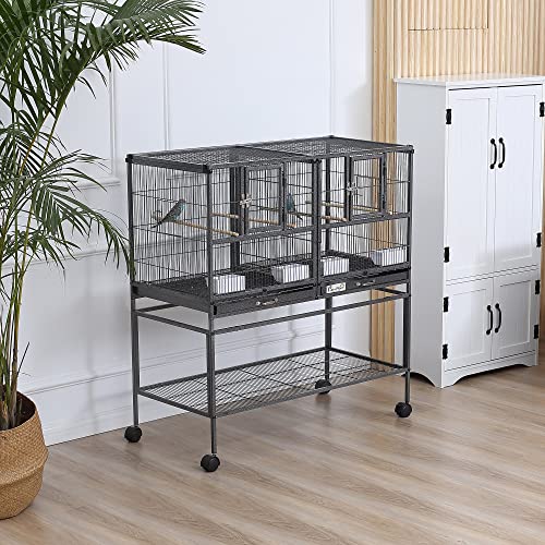 PawHut Divided Breeder Bird Cage with Rolling Stand Removable Metal Tray | Storage Shelf, Wood Perch, Food Container