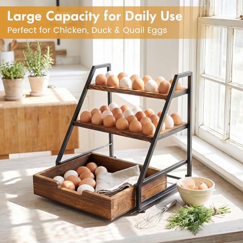 Reallnaive 3-Tier Wooden Egg Holder Countertop with Basket, Fits 36+90 Eggs, Wood Egg Collecting Rack with Carry Handle for Home Kitchen Chicken Duck Quail Eggs Storage Organizer