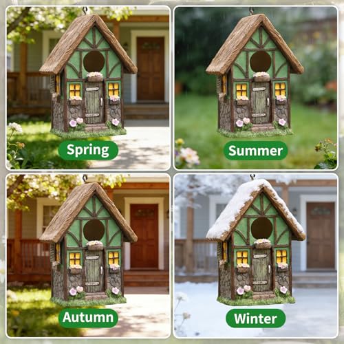 Bird Houses for Outside Rustic Cottage Birdhouse with Thatch Roof Hand-Painted Resin Birdhouses for Outdoors for Bluebird Finches Cardinals Bird Nesting Garden, Patio, Yard - color: Green