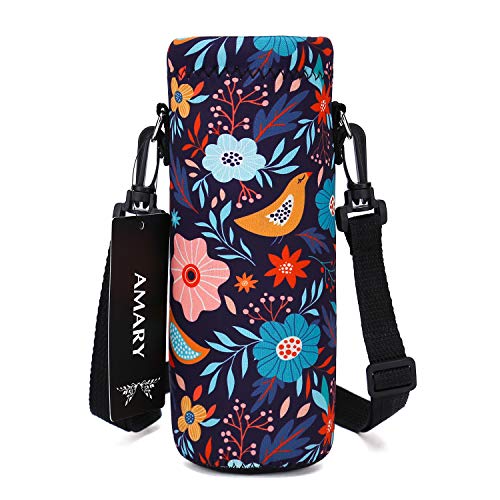 AMARY 500ML Neoprene Water Bottle Carrier Bag with Adjustable Shoulder Strap,Insulated Water Bottle Cover for Stainless Steel/Glass/Plastic Bottles 16.9OZ (Birds) - color: Birds