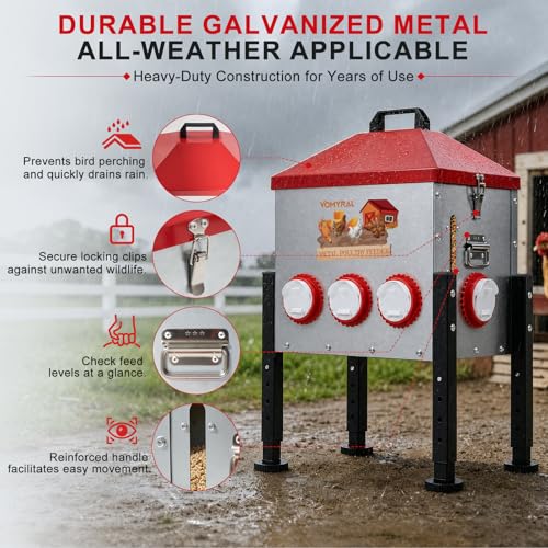 Automatic Chicken Feeder, 55LB Large Metal Poultry Feeder with 8 Ports | No Waste Metal Rat Proof Design With View Window And Adjustable Legs For Chickens, Ducks & Geese. Ideal Chicken Coop Feeder - size: 8 Ports - Max 55 lb