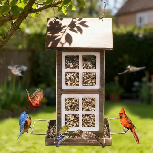 Bird Feeder, Waterproof Bird Feeders for Outdoor Hanging | Heavy Duty Metal, 6LB Large Capacity, 4 Perches, Drain Holes, For Outside Garden Yard Country Hanging, House Shape - size: Vertical