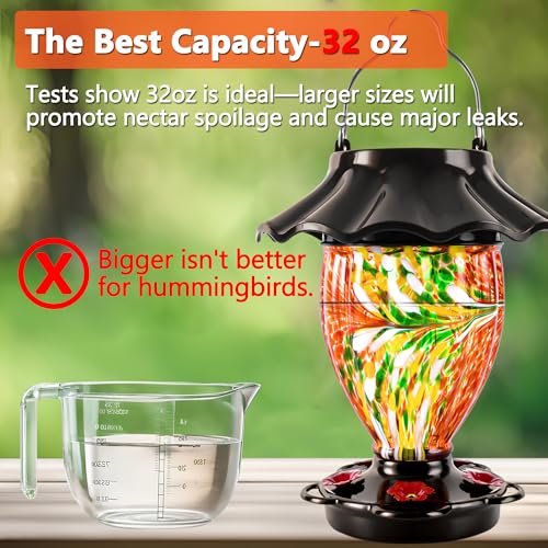 LUJII Solar Hummingbird Feeder for Outdoors Hanging with Color Changing, Hand Blown Glass Reservoir, 32 fl.oz, Never Leak, Lighted Lantern for Garden Decor, Unique Gift for Bird Lover (Red) - color: Red