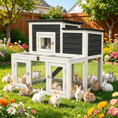Outdoor Rabbit Hutch Wooden Bunny Cage for Small Animals | 2-Tier Chicken Coop, Waterproof Asphalt Roof, Non-Slip Ramp, Openable Top, Pull-Out Cleaning Tray - color: Gray+Black