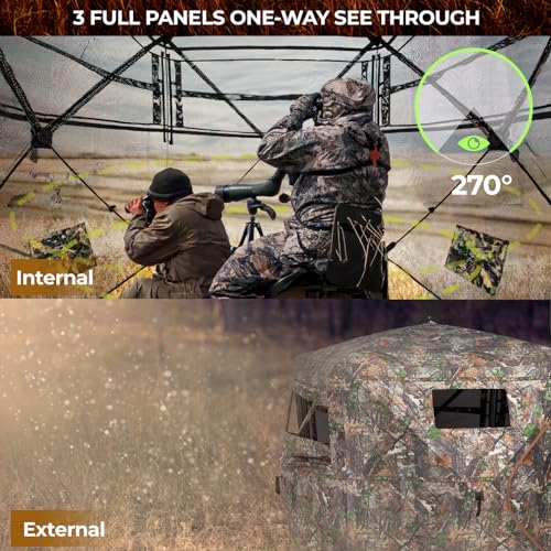 Portable Hunting Blind - 270°/360°See Through with Waterproof Floor Mat | Detachable Ground Mat, Silent Adjustable Windows, Pop Up Ground Blind for 2-4 Person, Camouflage Shelter for Turkey Deer - size: 3-4 Person（270° See Through）