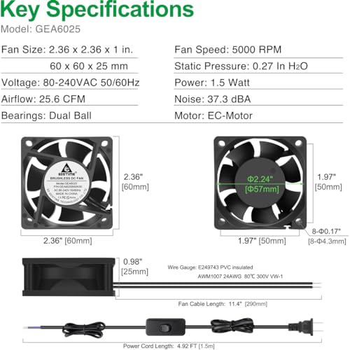GDSTIME 60mm x 25mm EC Axial Cooling Fan, 110V 120V AC, Dual Ball Bearing | 60x60x25mm, 80-240V Wide, ON/OFF Switch, Brushless Motor, High Efficiency, for Stereo Amp, Fridge Circulation, DIY Projects - size: 60x25mm