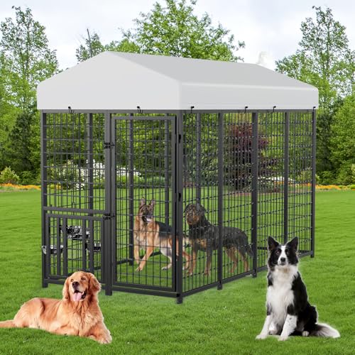 ROOMTEC Heavy Duty Outdoor Dog Kennel with Rotating Bowls, 8 x 4 x 5.6-ft - size: 8’L x 4’W x 5.6’H
