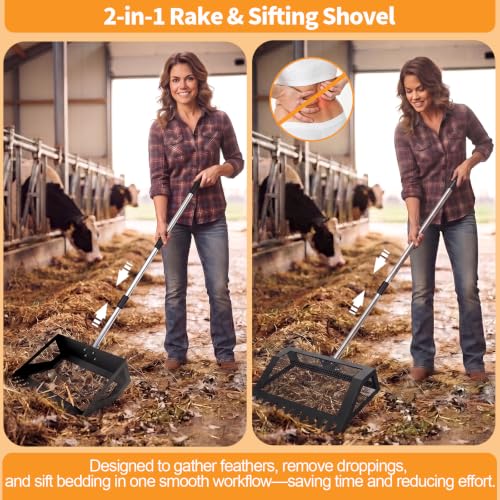 Chicken Poop Scooper Rake, 2-in-1 304 Stainless Steel 15 Inch Scoop | 39-66 Inch Adjustable Handle, Durable 304 Stainless Steel, Sand & Litter Sifting, Chicken Coop & Pet Waste Cleaning - color: Black