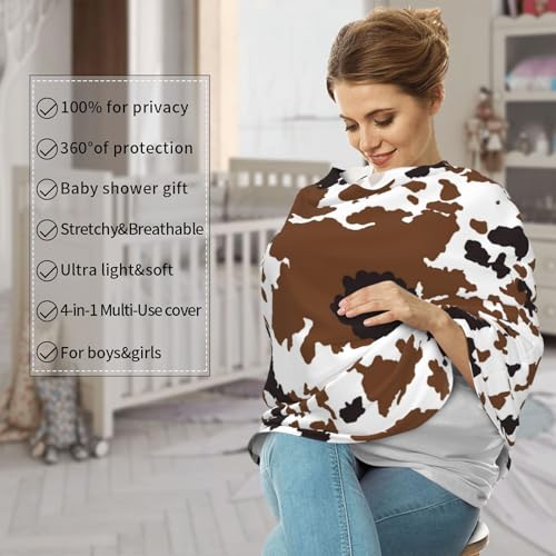 Brown Cow Print Baby Car Seat Covers, Cow Print Western Baby Stuff Multi-use Carseat Canopy for Boys and Girls Stretchy Infant Carseat Cover Shower Gifts - color: brown cow print