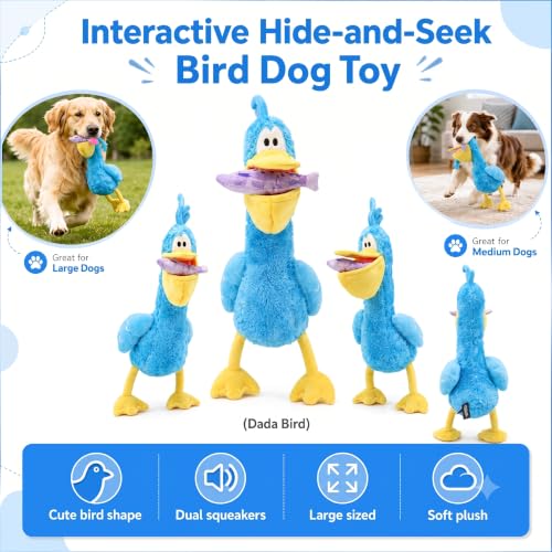 Squeaky Dog Plush Chew Toy Set, Interactive Tug Squeaky Toy for Chewers, Medium&Large Dogs&Fetch Play, 20.5 in Stuffed Bird with Bonus Fish Toy&Treat Storage Beak for Gentle Gum Care & Boredom Relief - color: Blue (Dada Bird)