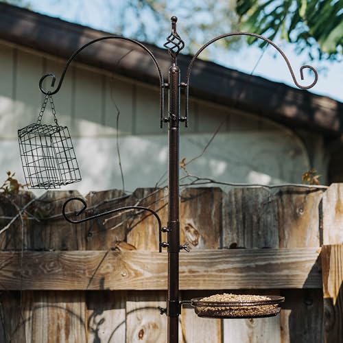 Backyard Expressions 90" Bird Feeding Station for Outdoors, Heavy Duty Bird Feeder Pole with Squirrel Baffle, Shepherd Hooks, Suet Cage, Water Bowl & Tray, Multi Hook Bird Feeder Stand for Yard Garden