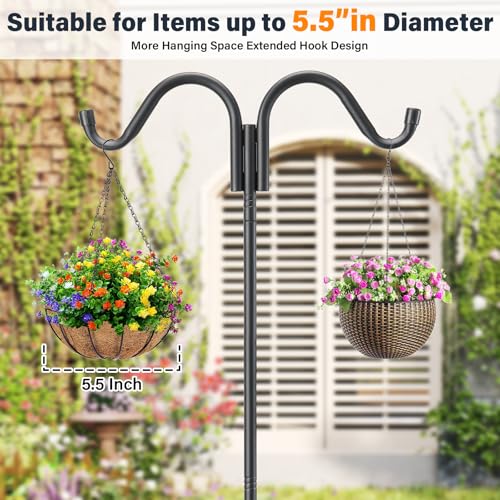 【Upgraded Stability】62 Inch Double Shepherds Hook for Outdoor, Heavy Duty Adjustable Bird Feeder Pole with 5 Prongs Base, Multi-Hook Stand for Bird House, Wind Chime, Hummingbird Feeder & Plants - size: 62"