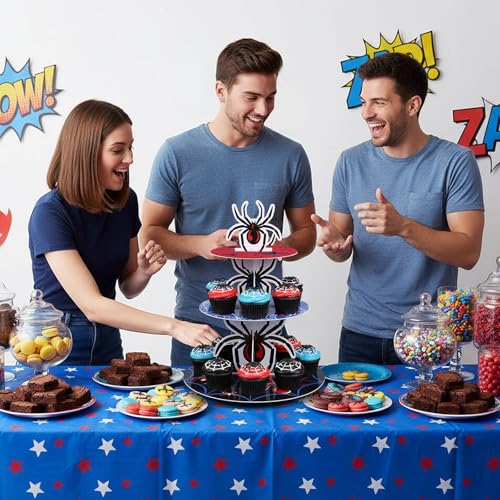 3 Tier Spider Cupcake Stand Spider Birthday Party Decorations Cupcake Tower Hero Theme Cake Holder Hero Dessert Holder Table Display for Birthday Baby Shower Party Supplies - style: Spider