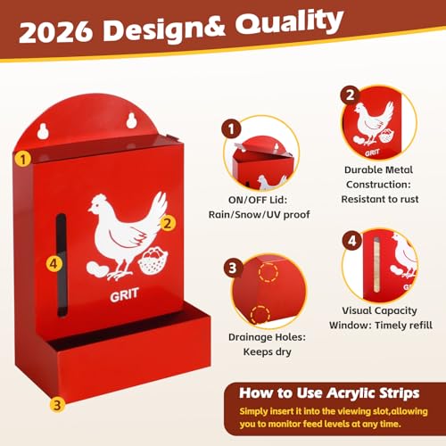 2 Pack Chicken Grit and Oyster Shell Feeder, Metal Oyster Shell Feeder with Visual Window and Lid, Hanging Gravity Chicken Grit Feeder, Chicken Coop Accessories for Healthier Hens and Eggs