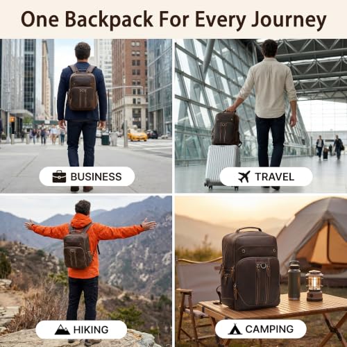 Full Grain Leather 16" Laptop Business Travel Backpack for Men, Brown | Crazy Horse Leather, YKK Metal Zippers, 5 Compartments, Ergonomic S-Straps, Large Capacity, Trolley Sleeve - color: Brown