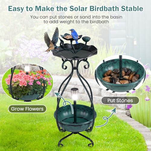 Giantex Bird Bath with Planter - Solar Lighted Bird Bath for Outside with Bird Feeder, Lotus Water Bowl for Bathing, Flower Planter with Drainage Holes, Standing Birdbath for Garden Yard (Green) - color: Green