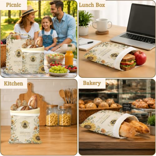 Bee Sunflower Bread Bags for Homemade Bread, Botanical Garden 2 Pack Linen and Beeswax Sourdough Storage Bags, Reusable Keeper, Keeps Breads Fresh Longer, Gifts for Bakers - color: Bee Sunflower