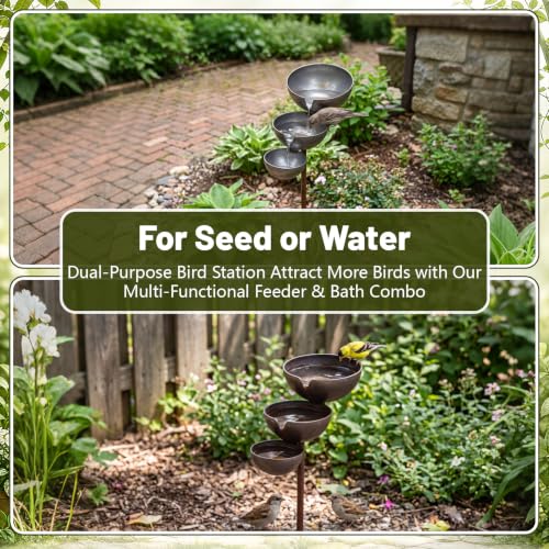 Hicarer 1 Pack 3 Bowl Stainless Steel Rain Catcher Garden Stake, Rust Proof Bird Bath Plant Support Water Stand Rain Collector for Garden Bee Butterfly Bird Feeder Outdoor Decor (3.9",3.1",2.3")