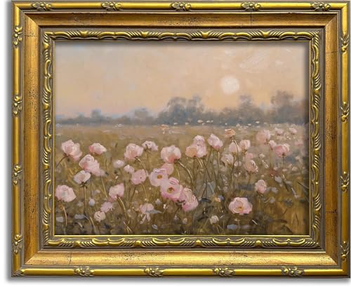 DR.RiftArt Vintage Flower Pink Landscape Wall Art Floral Wall Decor | Pastel Wildflower Rustic Farmhouse Canvas Picture Painting Print for Bedroom Living Room Office 9x11 inch Gold Framed - color: Pink Wildflower, size: 11"L x 9"W