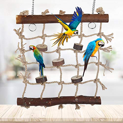 Bird Rope Climbing Net Swing Hanging Toy Bird Swings Net, Wooden Ladder Swing Hammock with 2 Hooks and Woven Rope for Finches Climbing Chewing Pet Cage Hanging Toy