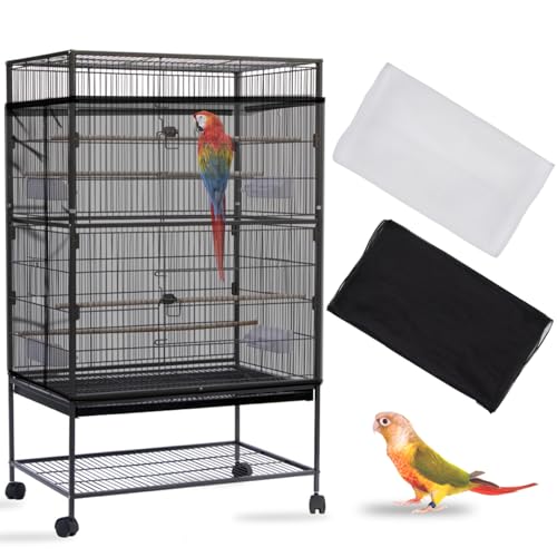 Daoeny 2PCS Bird Cage Seed Catcher, Large Bird Cage Cover, Adjustable Soft Airy Nylon Mesh, Birdcage Cover Skirt Seed Guard for Parrot Parakeet Macaw Round Square Cages (Black & White) - color: Black & White