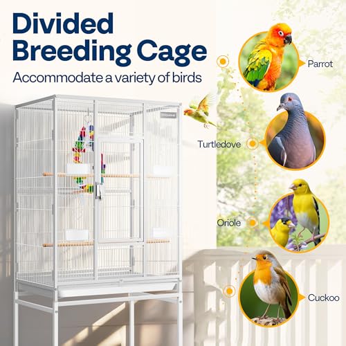 VIVOHOME 54 Inch Wrought Iron Large Bird Cage with Rolling Stand | Bird Flight Cage with Stand, Casters, Slide-out Tray for Parakeets Canaries Parrot Cockatiels Lovebirds Conures, Whtie - color: White