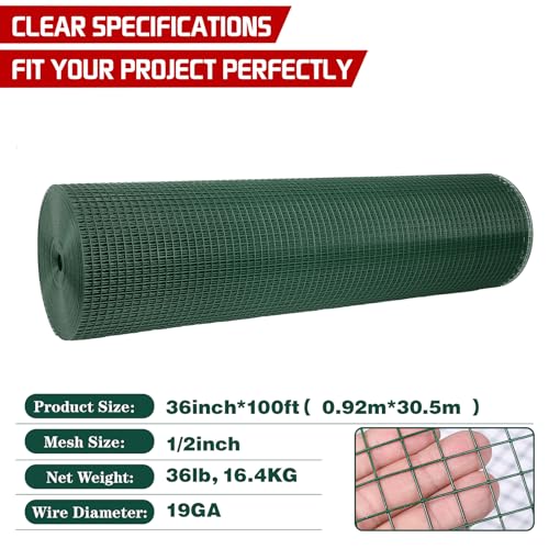 Hardware Cloth 1/2inx36inx100ft,Chicken Wire Fencing,Welded Wire Mesh, Vinyl PVC Coated Mesh,Coop Garden Plant for Rabbit,Snake,Rodent,Foxes,Raccoons Poultry Netting Cage Farm Protection - color: Green, size: 1/2in 36in×100ft