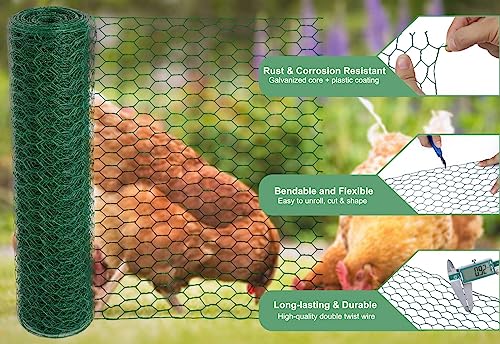 Mklsit Chicken Wire 15.7 x 315 Inches Chicken Wire Fencing Mesh, Green | PVC Coated Floral Chicken Wire, for Crafts Poultry Garden, Hexagonal Galvanized Chicken Coop Rabbit Wire Fencing Netting - size: 15.7 x 315 Inches