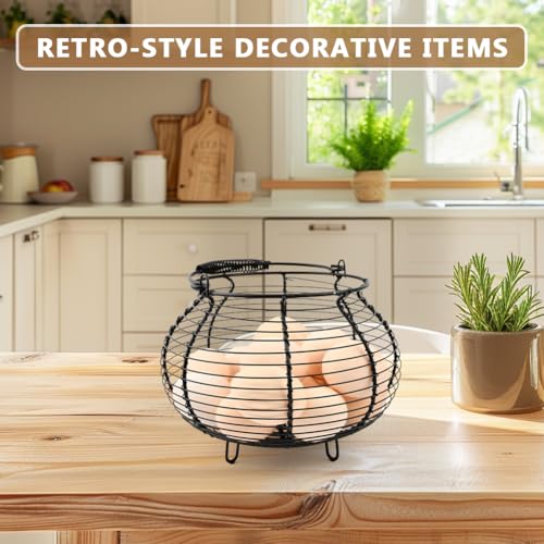 Wire Egg Basket for Gathering Fresh Eggs Holder,Retro Handle Egg Gathering Basket,Metal Eggss Holder-Countertop,Farmhouse-Eggs-Storage Container for Kitchen Easter Decor(Black) - color: Black