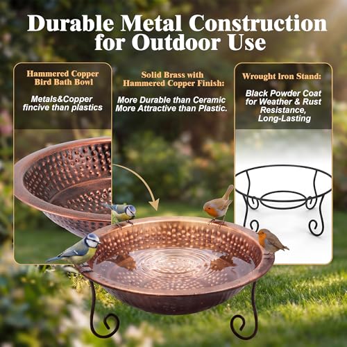 12.8" Hammered Copper Bird Bath Bowl with Stand, Large Birdbath Bowl Replacement, Decorative Birdbath Water Bowls for Garden Patio Deck, Wide Perching Rim Outdoor Ground Bird Bath Dish
