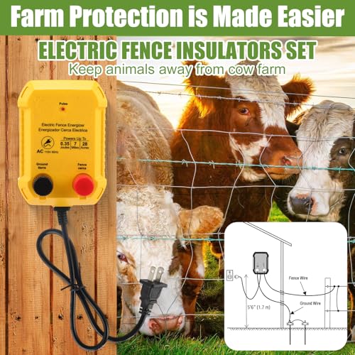 Electric Fence Charger Set 7 Mile 110VAC 0.35 Joule Electric Plug in Fence to Contain Chickens Pet Poultry 50 Black Insulator and 1 Socket Tool 250ft Aluminum Wire for Garden Pond Protection - style: 0.35 Joule