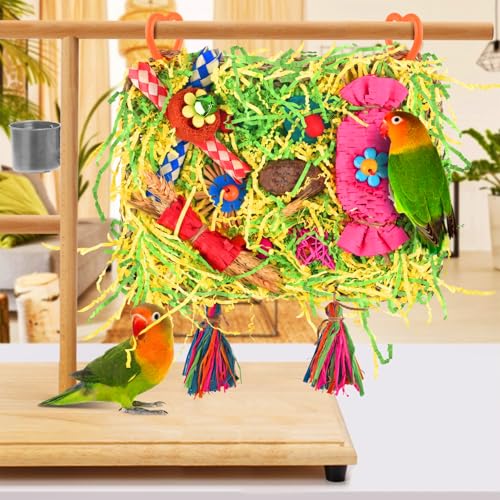 KATUMO Bird Toy, Large Size Grass Mat Foraging Shredding Hanging Toy | Natural Grass Mat, Easy to Hang, Relieve Boredom, Ideal for Cockatiel Conure Lovebird Parakeet Small and Medium Birds - style: Candy