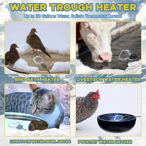 500W Chicken Water Heater, 50Gal Chicken Water De-Icer, Cast Aluminum Submersible De-Icer with Thermostat Control for Livestock Tank
