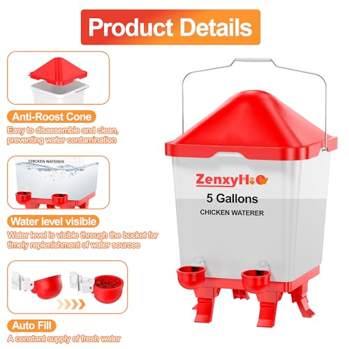 5.0 Gal Chicken Waterer Bucket with 4 Double-Layer Waterer Cups | Height-adjustable, Anti-roost Cone for Backyard Chicken Flocks - style: Waterer with Cups