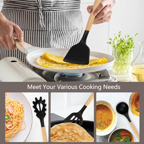 Cooking Utensils Set,19 Kitchen Set Utensils Set with 11 Pieces Spatula Cooking Utensils,Heat Resistant Silicone Utensils 6 Piece Sharp Knife Set 2 Pieces Utensil Cutting Board (Black 19 PCS Set) - color: Black 19 PCS Set
