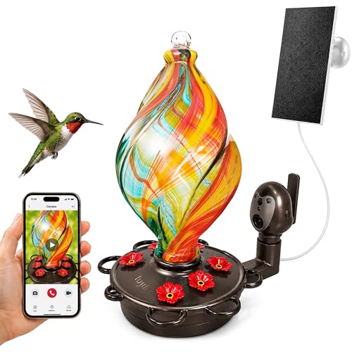 LUJII Smart Hummingbird Feeder with Camera for Outdoor Hanging, Hand Blown Glass, Solar WiFi Feeder with Live View App, 6 Feeding Ports, Leak-Resistant Design, Ant Moat & Gift Box, 28 fl oz, Ribbion - color: Ribbon, size: Large