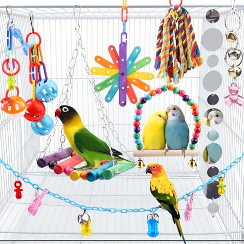 QUOZUO 9 Pcs Parakeet Cockatiel Bird Toys, Parrots Cage Accessories Swing Rope Hanging Wooden Perch Chewing Toy for Budgerigar, Parrot, Cockatiel