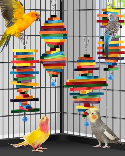 Bissap 4 PCS Bird Chew Toys, Multicolored Bagel Cascade Bird Parrot Chewing Sticks Biting Wooden Blocks Toy for Small Medium Conure Parakeet Cockatiels Lovebird Similar Sized Pet Birds - size: 4 PCS