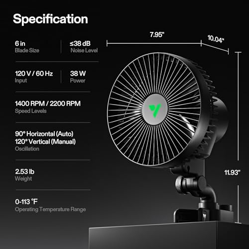 VIVOSUN AeroWave A6 Grow Tent Clip Fan, 6" Auto Oscillating Fan, 1-Pack | Secure Non-Slip Clamp, Strong Air Circulating, Low Noise, US Patented Circulation Fan for Hydroponic Ventilation - size: 1 Pack
