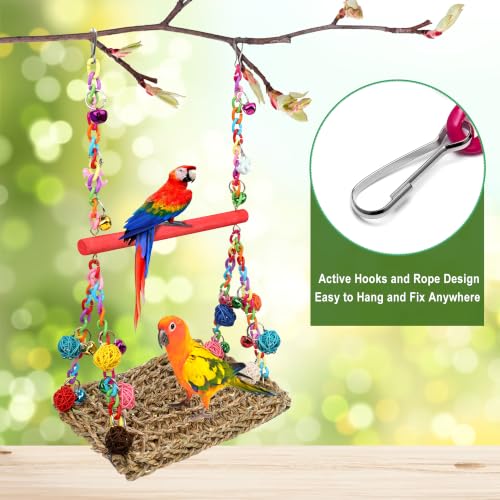 Bird Swing Mat with Wood Perch, AHIER Seagrass Bird Hammock for Conures with Chewing Toy for Parakeets, Budgie, Cockatiel Cage Accessories (Rose-Pink Pole) - color: Rose-Pink Pole