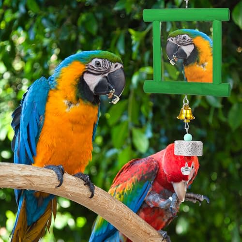 Chicken Mirror Toys with Bells, Hanging Swing Mirror, Wooden Pecking Toy, Beak Grinding Molar Stones for Hens, Birds, Parrots, Xylophone, Sepak Takraw Toy