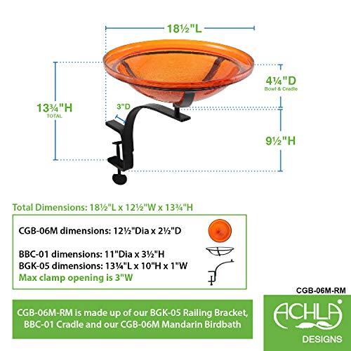 Achla Designs CGB-06M-RM 12 Inch Mandarin Crackle Rail Mount Bracket Birdbath - color: Mandarin