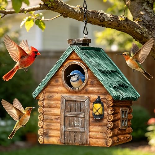Bird Houses for Outside, with Hanging Chain, Wood-Look Resin Waterproof | Practical Birdhouses for Outdoors, Decorative Bird Cage, Garden Decor for Hummingbird, Bluebird, Cardinal and Other Bird - style: Wood-Look