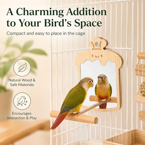 Bird Mirror with Perch, Wooden Bird Cage Mirror Toy, Natural Pine Parrot Perch Accessory for Conures, Budgies, Parakeets, Cockatiels, Lovebirds and Small to Medium Birds