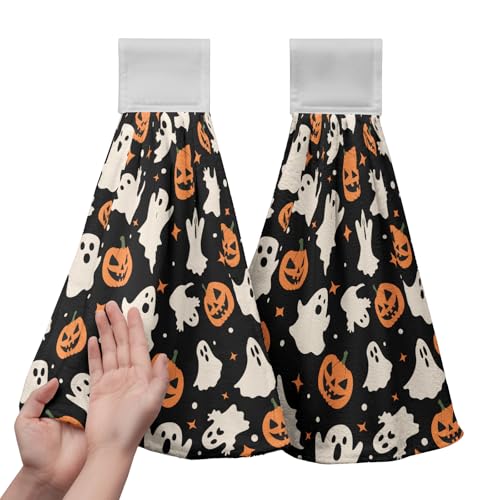 Halloween Ghost Pumpkin Hanging Kitchen Towels Set of 2 Spooky Scary Hand Towels with Hanging Loop Seasonal Holiday Oven Stove Dish Washcloths Soft Absorbent Bath Tie Towel - color: Halloween Ghost Pumpkin