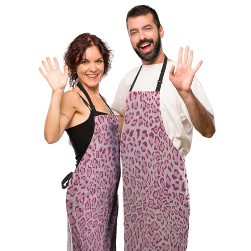 Chef Apron for Men Pink Leopard Funny Aprons for Women for Kitchen Cooking Restaurant BBQ Painting Crafting 27” (W) x 31” (H), Waterproof Aprons - color: Pink Leopard