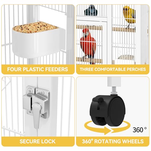 DWVO 41-inch Metal Bird Cage: Large Parrot Cages with Rolling Stand - Features Tray, Food Boxes & Wooden Perches for Parakeets, Lovebirds, Cockatiels, Finches and Pigeons, White - color: White, size: 19.0"L x 18.1"W x 40.5"H