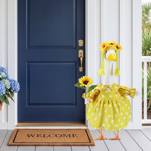 Summer Porch Goose Outfits for 23 Inch Lawn Statue | Polka Dots Sunflowers Costume for Plastic/Cement Statue, Spring Duck Sculpture Clothes for Yard Patio Party Decoration