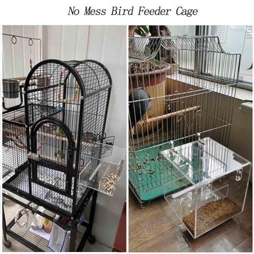 No Mess Bird Feeder for Cage, Automatic Acrylic Bird Feeder Seed Catcher Tray Cage with Stainless Steel Hooks for Small Parrots Canary Parakeet Budgerigar Crested Cockatiel Lovebird (Small) | Bird Feeder Cage with Stainless Steel Hooks for Small Bird Parr